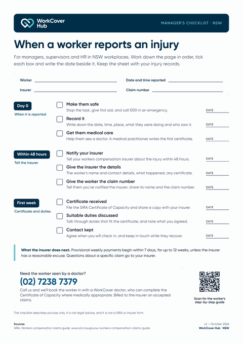 One-page manager's checklist for when a worker reports an injury in NSW