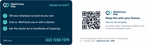 Wallet card, front and back: three steps after a workplace injury and the phone line (02) 7238 7379