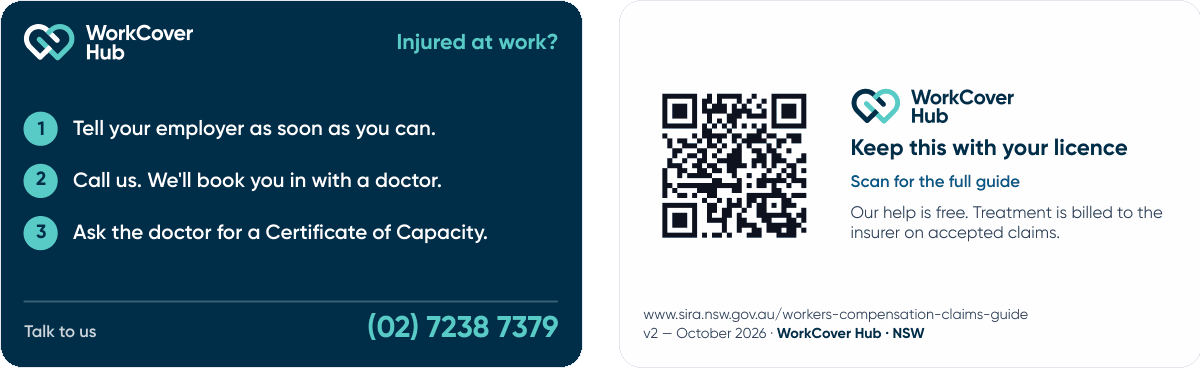 Wallet card, front and back: three steps after a workplace injury and the phone line (02) 7238 7379