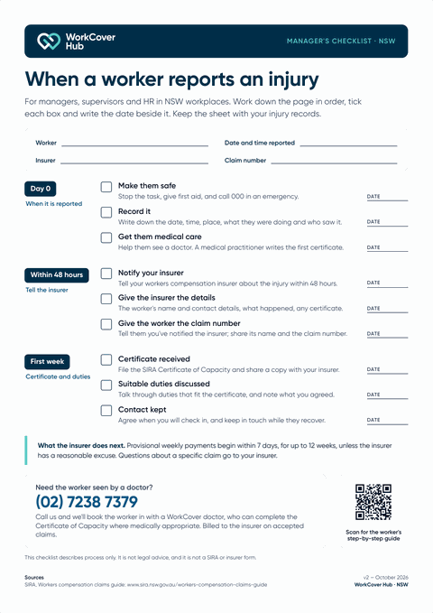 One-page checklist for NSW managers: steps from an injury report to notifying the insurer within 48 hours