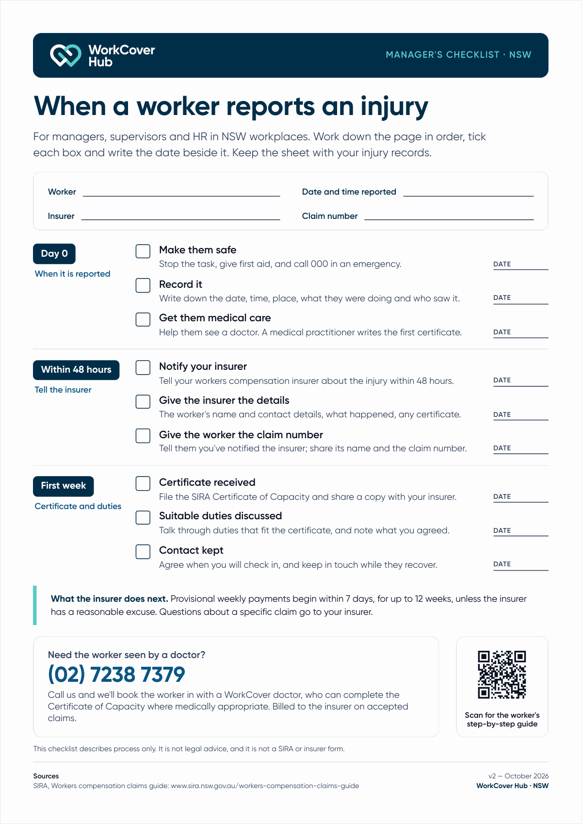 One-page checklist for NSW managers: steps from an injury report to notifying the insurer within 48 hours