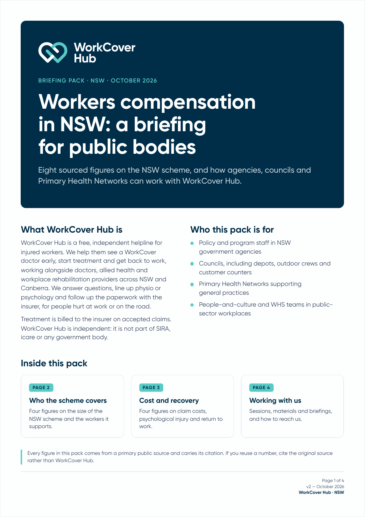Cover page of the four-page NSW workers compensation briefing pack for public bodies