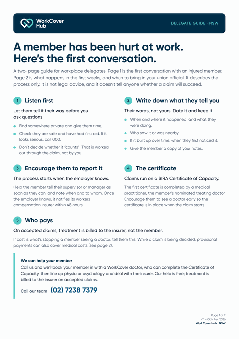 Two-page NSW union delegate guide for when a member is hurt at work