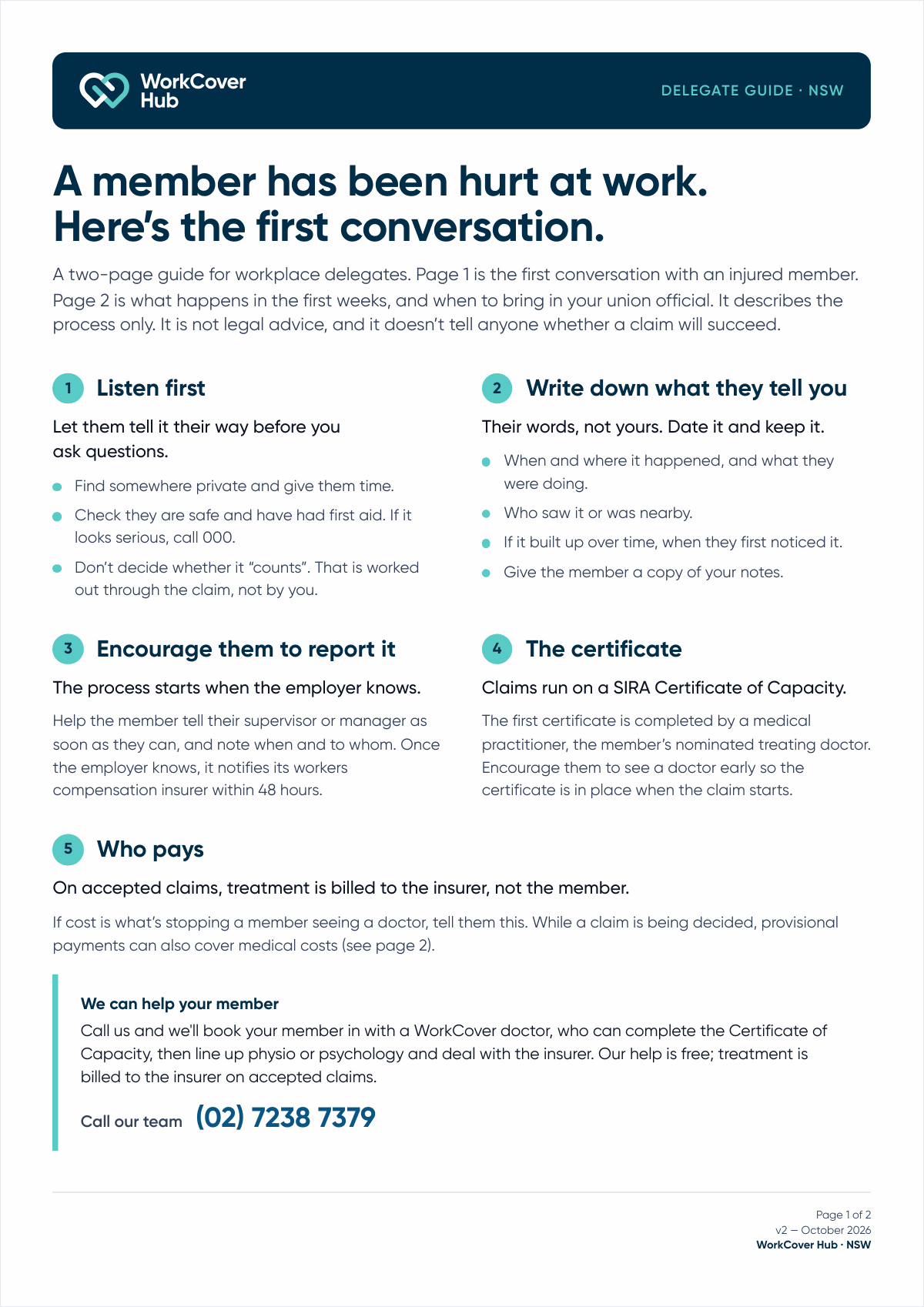 Two-page NSW union delegate guide for when a member is hurt at work